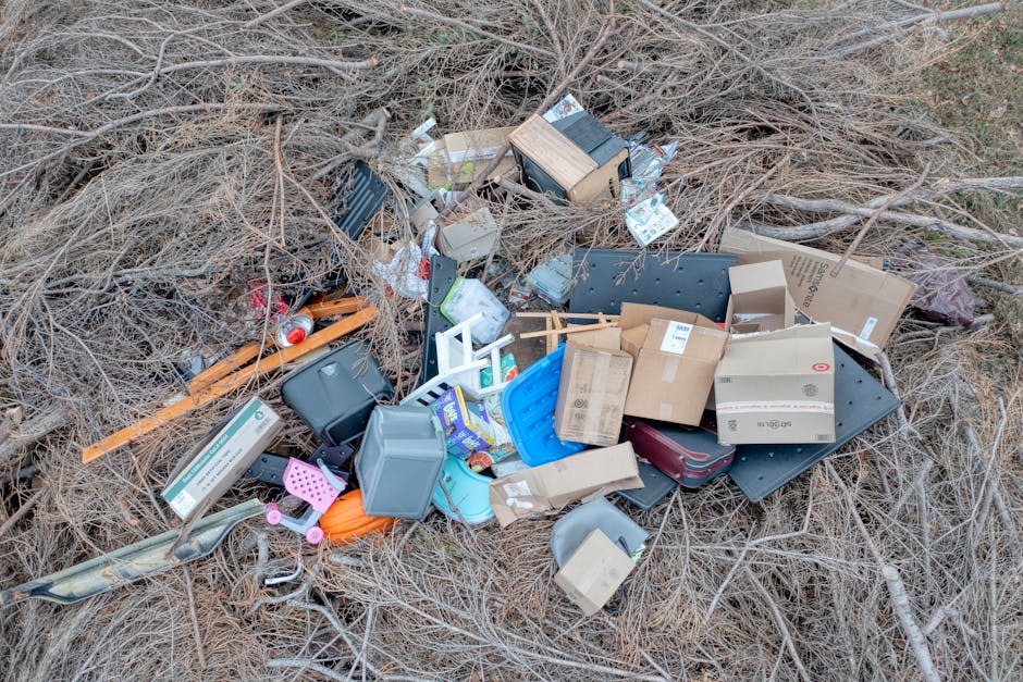 A large accumulation of various household and electronic waste items is scattered across a patch of dry, brown grass and leaf litter in an outdoor environment. Visible objects include a grey plastic storage bin, a black vented plastic container, a cardboard box, and a wooden crate. Smaller items such as a red plastic bottle, a pink toy, a blue plastic laundry basket, and a white plastic chair component are mixed among the debris. There are also several flattened cardboard boxes, a green and black electronic device, and miscellaneous small packaging materials. The waste appears to be haphazardly dumped, with some items partially obscured by branches and twigs. The scene suggests an instance of illegal dumping or an on-site clearance involving multiple types of refuse, showcasing the sort of clutter that professional rubbish removal services like Rubbish Removal Hammersmith are equipped to handle. The natural outdoor setting highlights the importance of responsible waste disposal management to prevent environmental contamination and maintain local cleanliness.