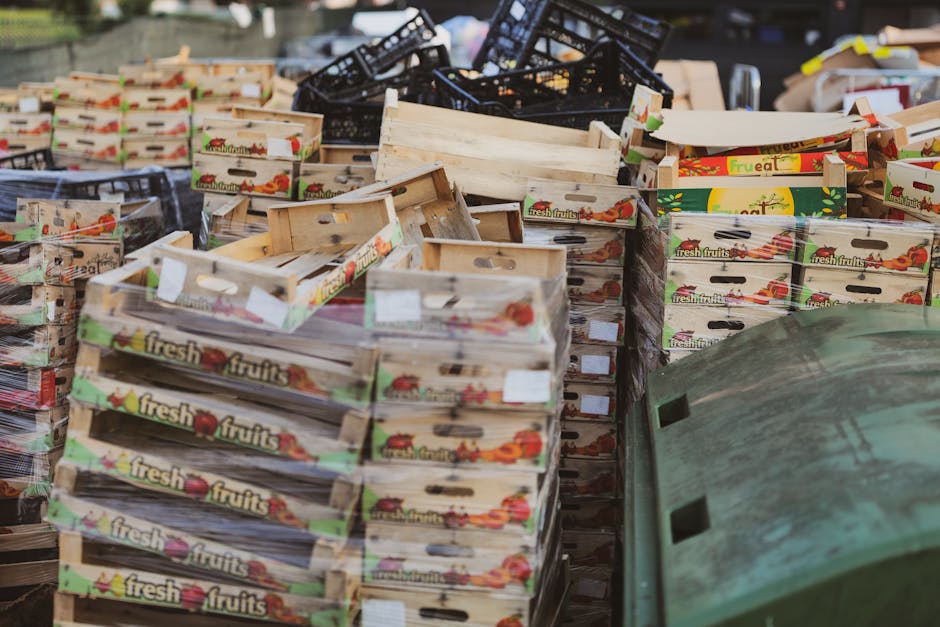 A large collection of empty fruit boxes made from light-colored, untreated wood with a smooth finish, stacked haphazardly on a concrete surface in an outdoor environment. The boxes are decorated with colorful printed labels featuring images of fresh fruits such as strawberries, oranges, and apples, along with the words 'fresh fruits' in bold, black text. Some boxes are nested within each other, while others are leaning or stacked unevenly. Behind the wooden boxes, there are black plastic crates with a grid pattern, stacked irregularly, and further in the background, a worn green wheeled rubbish bin made of textured plastic is partially visible. The scene is illuminated by natural daylight, creating subtle shadows that enhance the textures of the wood and plastic materials. The overall setting appears to be a storage or collection area for waste or discarded items, aligning with a rubbish removal service that handles bulk waste or packaging materials on-site, such as at events or commercial premises.